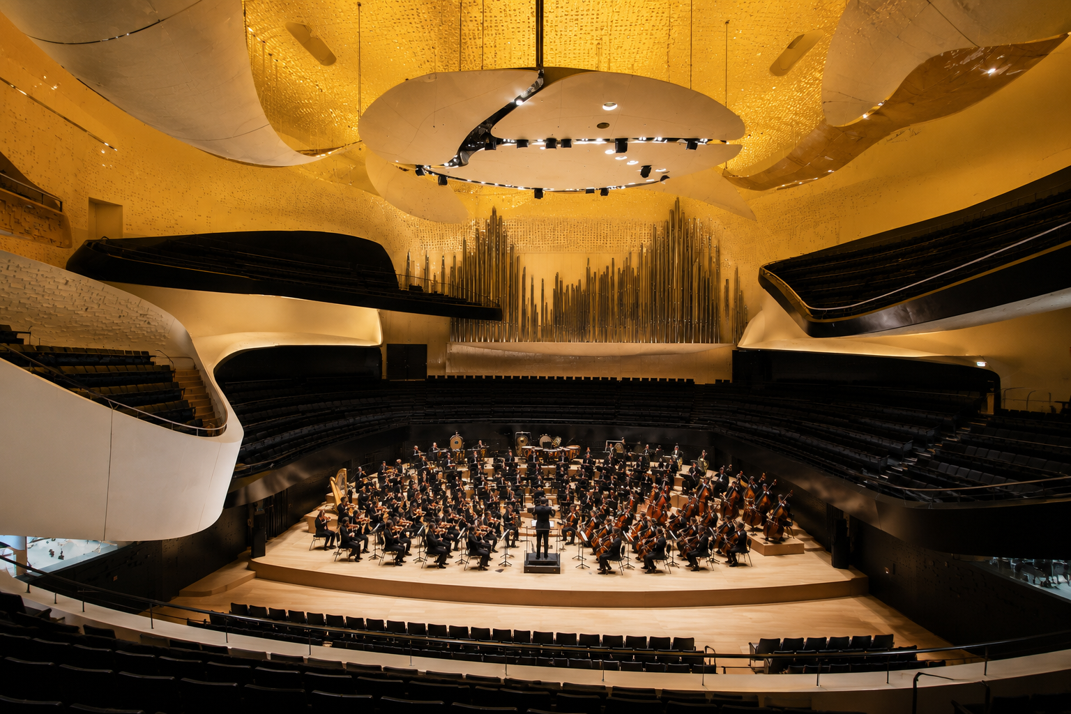 A conductor leads a full orchestra in a grand concert hall with a city skyline visible through tall windows at sunset.