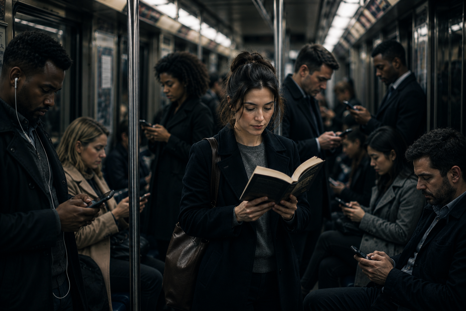 Calm reader studying a book on a busy commuter train surrounded by people on phones
