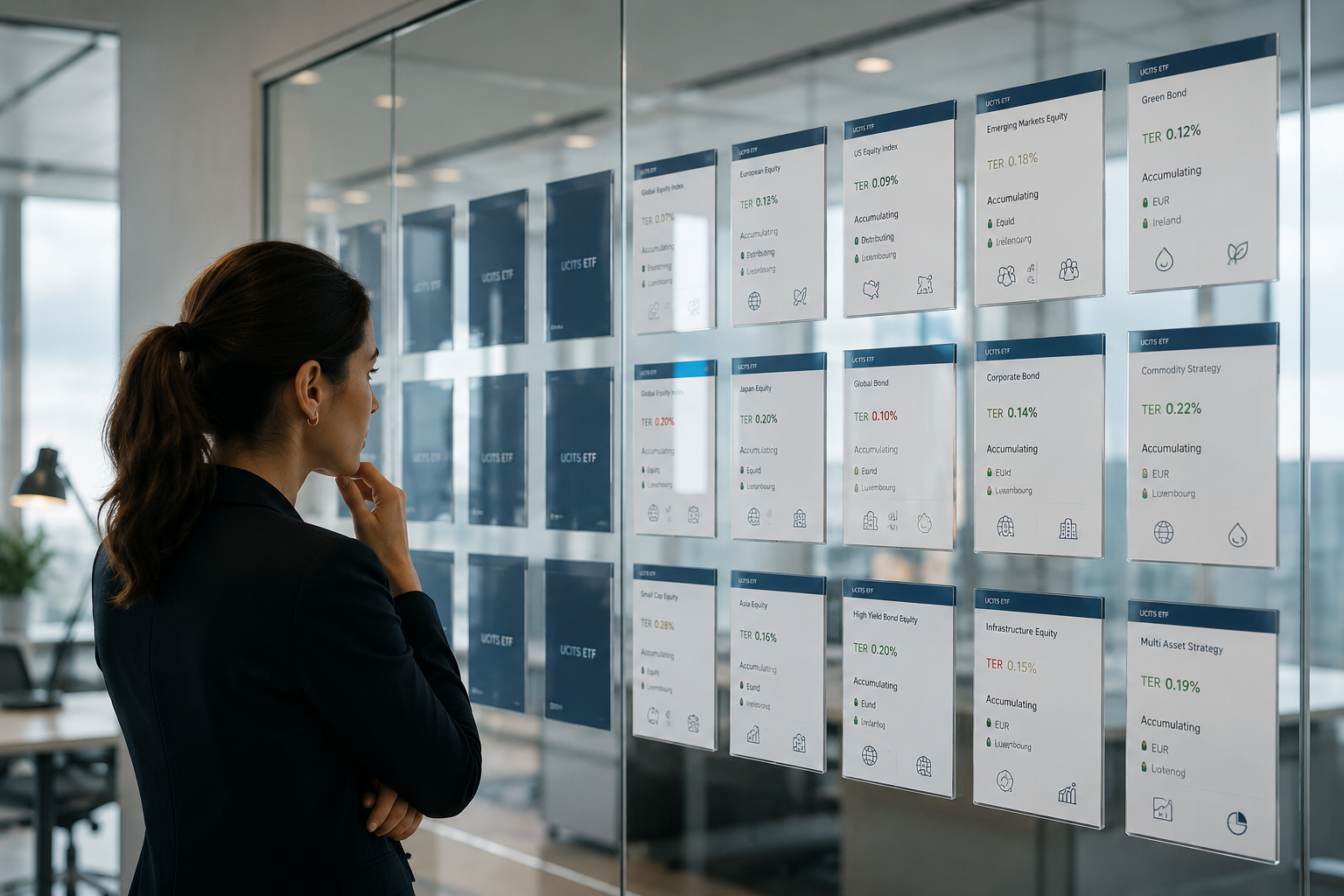 A professional woman reviewing organized UCITS ETF comparison cards on a glass wall, showing categories, TER, and distribution details.