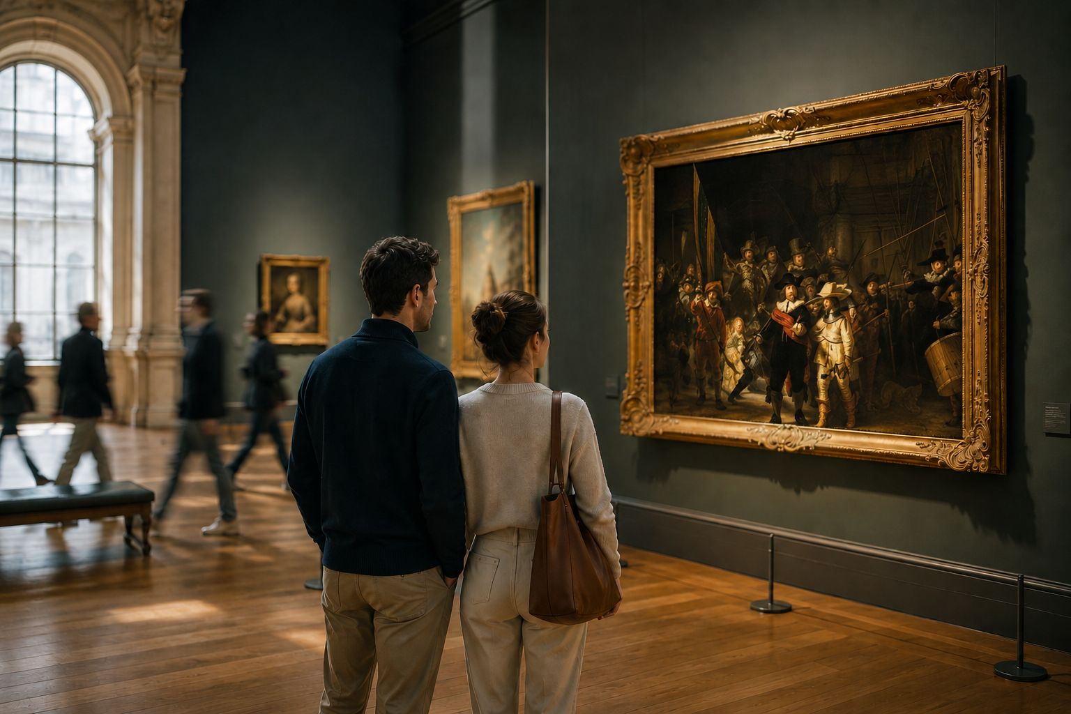 A couple stands in a grand European museum gallery, calmly viewing an ornate framed painting of Venice.