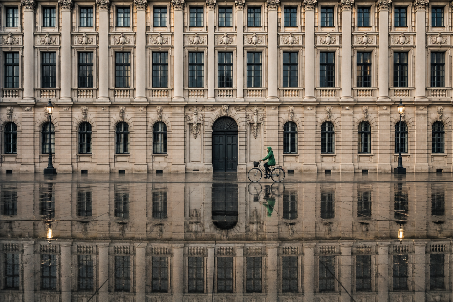 A cyclist in a green jacket rides past a grand European facade reflected in wet pavement.