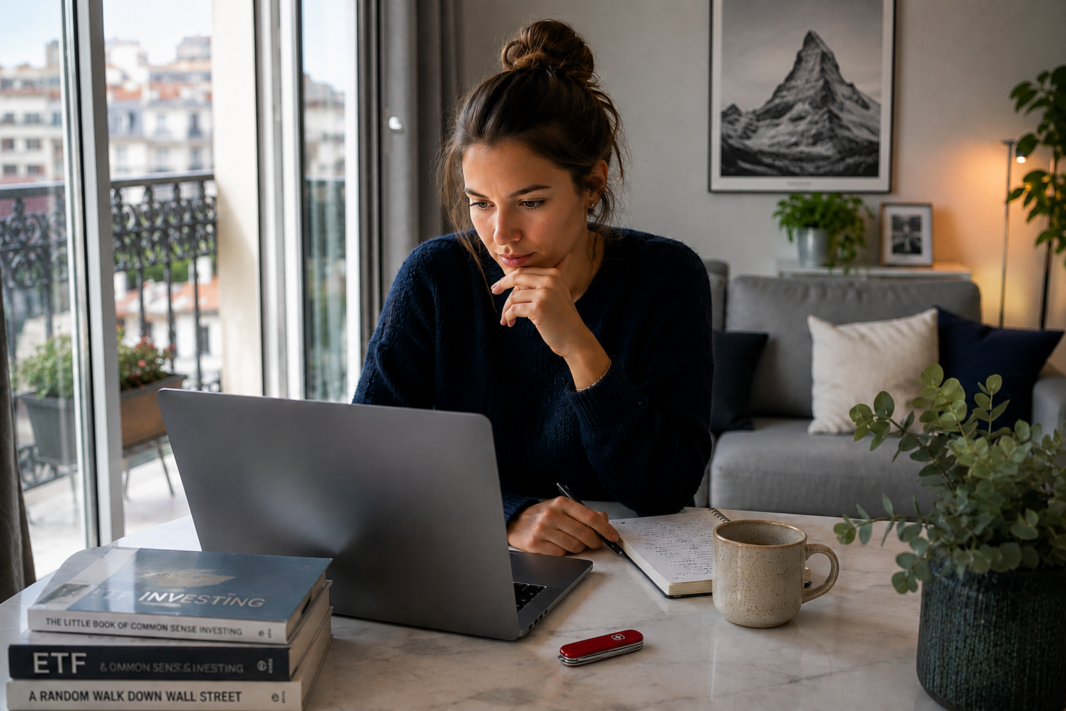 A young European investor reviewing ETF investing books on her laptop at a marble table beside a Parisian balcony.